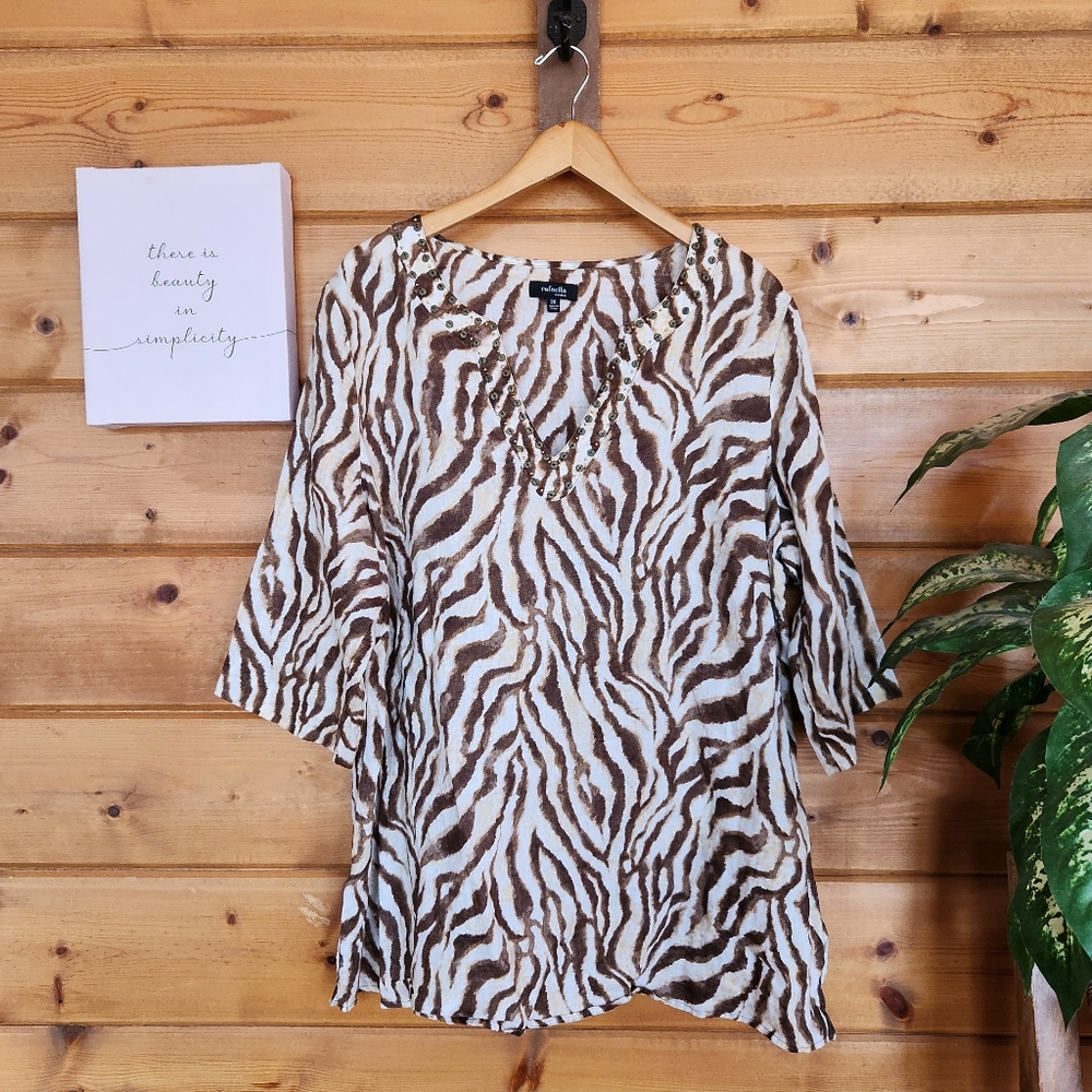 Rafaella Brown Zebra Animal Print 100% Linen Blouse Bead Trim Tribal Plus Sz 3X